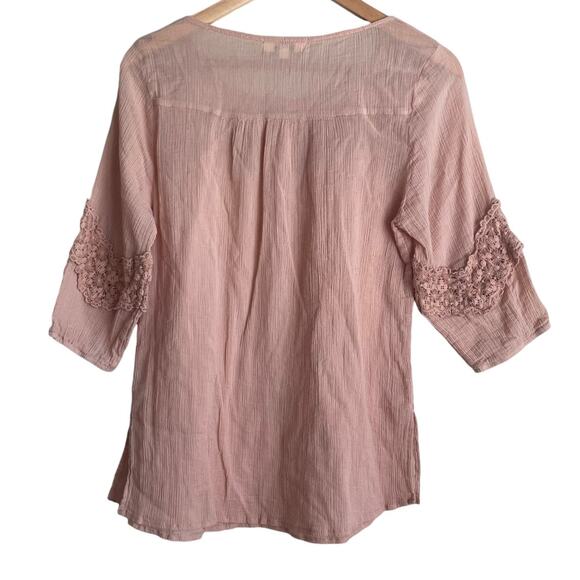 Umgee Women Tunic Top S Peach Flower Crochet Inlet Gauzy Boho Cottage Prairie - Picture 3 of 10